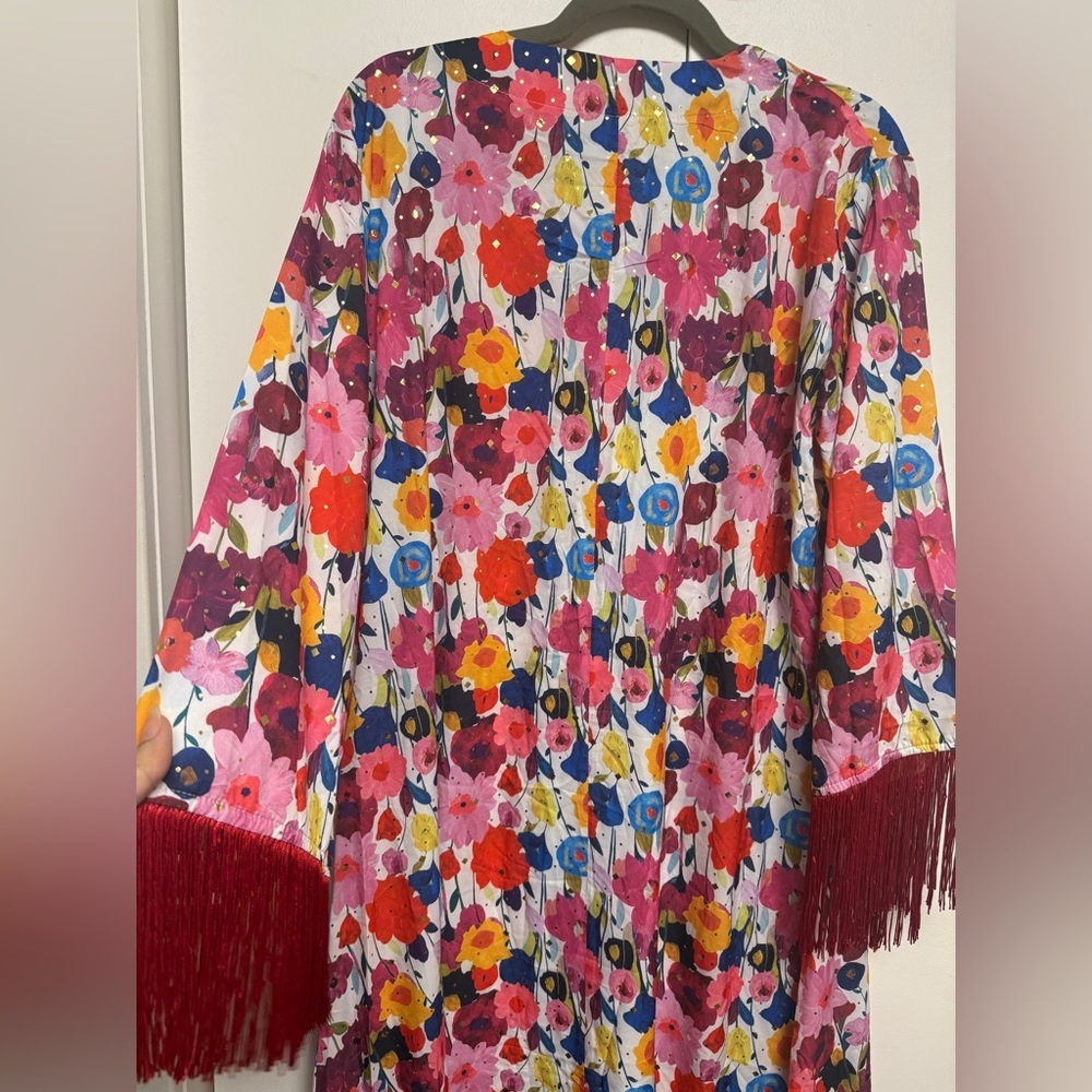 Floral Midi Dress with Fringe Sleeves - Pink Multi - Picture 7 of 8